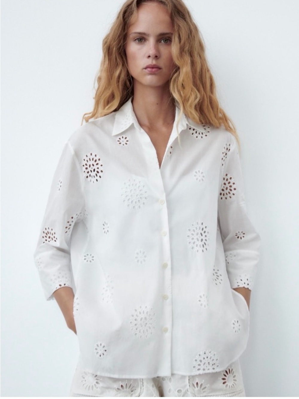 Zara White Eyelet Button-Down Shirt